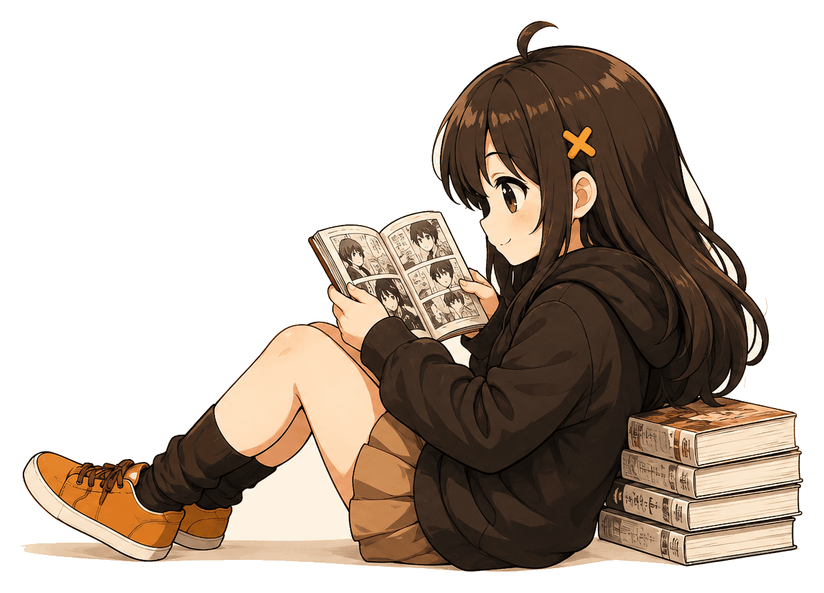 Anime reader enjoying manga beside a stack of books